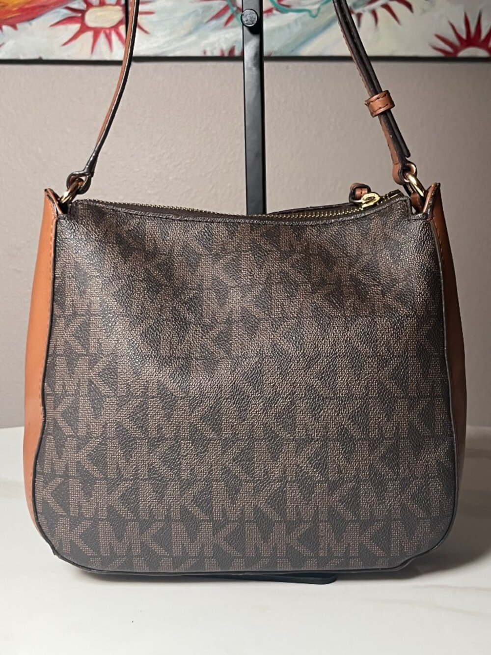 Michael Kors Signature MK Logo Shoulder Bag Brown Tan Leather - Like New - Picture 4 of 13